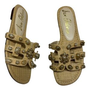 NEW Sam Edelman Bay Ray Raffia Stone Embellished Logo Slide Sandal Shoes 7.5